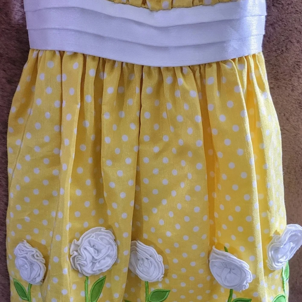 Girls Size 2T Princess Polka Dot Dress Yellow White Flowers Bow Lined Lightweigh